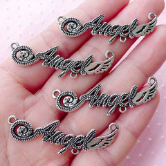 Angel with Wing Connector Charms (4pcs / 13mm x 43mm / Tibetan Silver) Word Charm Letter Angel Pendant Necklace Bracelet Link Charm CHM1785