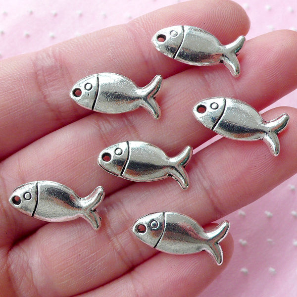 Kawaii Fish Charms (6pcs / 9mm x 18mm / Tibetan Silver / 2 Sided) Cute, MiniatureSweet, Kawaii Resin Crafts, Decoden Cabochons Supplies