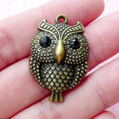 Owl with Rhinestones Charms (1 piece / 21mm x 31mm / Antique Bronze) Bird Pendant Necklace Animal Jewelry Key Holder Bag Purse Charm CHM1826