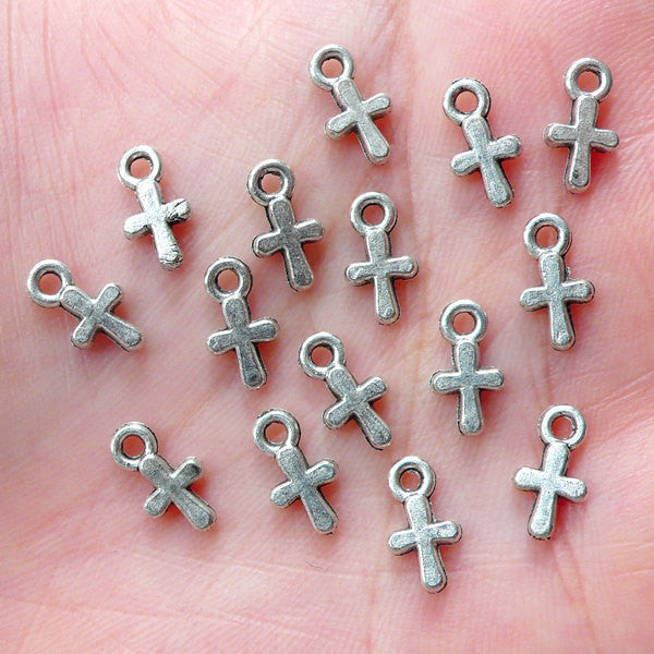 Tiny Cross Charm / Christian Charms (10pcs / 10mm x 17mm / Tibetan Silver / 2 Sided) Religious Catholic Jewellery Pendant Bracelet CHM966