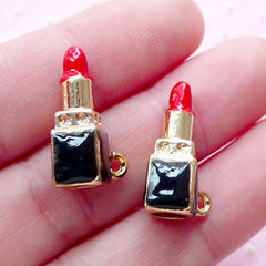 Enameled Lipstick Charms (2pcs / 7mm x 20mm / Gold, Red & Black) 3D Lip Stick Pendant Lady Fashion Beauty Charm DIY Bag Purse Charm CHM1878