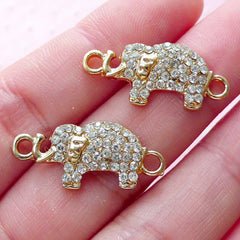 Rhinestones Elephant Link Charms (2pcs / 11mm x 25mm / Gold) Bling Bling Animal Charm Bracelet Connector Charm Necklace Pendant CHM1872