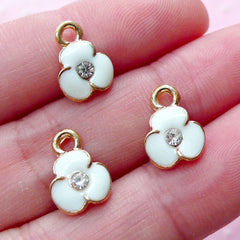 CLEARANCE Enameled Flower Charms with Rhinestone (3pcs / 9mm x 12mm / Gold & White) Tiny Floral Drop Add On Charm Bridal Jewelry Wedding Favor CHM1880