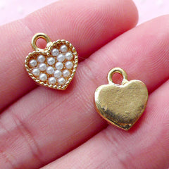 Heart Charm with Cream Pearls (2pcs / 10mm x 12mm / Gold) Tiny Heart Drop Valentines Love Charm Bridesmaid Jewellery Wedding Supply CHM1881