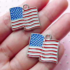 American Flag Enamel Charms (2pcs / 24mm x 22mm / Silver) USA Flag Necklace US Flag Pendant Patriotic Military Key Holder Charm CHM1899