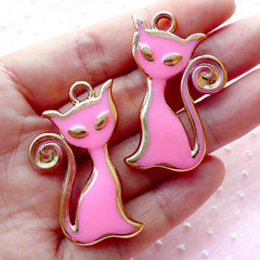 Kitty Acrylic Charms Cat Enamel Charm (2pcs / 27mm x 42mm / Gold & Pink / 2 Sided) Cute Kitten Pendant Big Animal Chunky Jewellery CHM1903