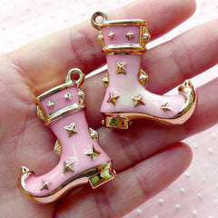 CLEARANCE Studded Cowboy Boot Acrylic Charms Shoe Enamel Charm (2pcs / 32mm x 39mm / Gold & Pink / 2 Sided) Kitsch Pendant Country Style CHM1905