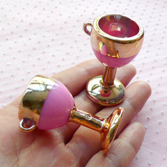 3D Miniature Wine Glass Acrylic Charms Enamel Charm (2pcs / 23mm x 41mm / Gold & Pink) Dollhouse Whimsical Jewelry Novelty Pendant CHM1908