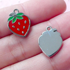 Small Strawberry Enamel Charm (2pcs / 12mm x 15mm / Silver, Red & Green) Kawaii Fruit Pendant Cute Keychain Dust Plug Charm Bracelet CHM1914