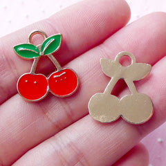 Kawaii Cherry Enamel Charms (2pcs / 17mm x 19mm / Gold, Red & Green) Sweet Fruit Pendant Cute Phone Charm Key Chain Purse Charm CHM1900