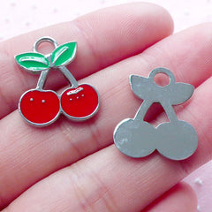 Enameled Cherry Charms (2pcs / 17mm x 19mm / Silver, Red & Green) Kawaii Fruit Pendant Cute Zipper Pull Charm Key Holder Bag Charm CHM1916