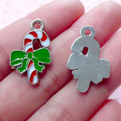 Candy Stick Enamel Charms Peppermint Charm (2pcs / 15mm x 24mm / Silver) Mini Christmas Ornament Card Making Party Decor Favor Charm CHM1930