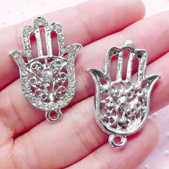 Good Luck Hamsa Hand Charm w/ Bling Rhinestones (2pcs / 22mm x 32mm / Silver) Khamsa Palm Protective Pendant Judaism Fatima Hand CHM1943