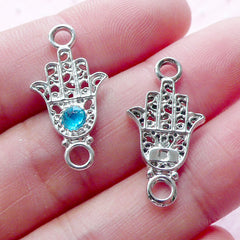 Hamsa Hand Link Charm w/ Blue Rhinestone (2pcs / 12mm x 24mm / Silver) Protective Bracelet Khamsa Judaism Miriam Fatima Hand of God CHM1948