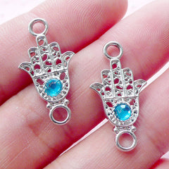 Hamsa Hand Link Charm w/ Blue Rhinestone (2pcs / 12mm x 24mm / Silver) Protective Bracelet Khamsa Judaism Miriam Fatima Hand of God CHM1948