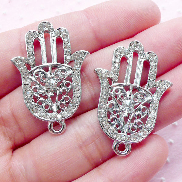 Good Luck Hamsa Hand Charm w/ Bling Rhinestones (2pcs / 22mm x 32mm / Silver) Khamsa Palm Protective Pendant Judaism Fatima Hand CHM1943