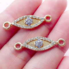 Evil Eye Connector Charms with Bling Bling Rhinestones (2pcs / 8mm x 27mm / Gold) Nazar Stink Eye To Mati Spiritual Lucky Bracelet CHM1947