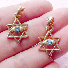 Magen David w/ Evil Eye Charm (2pcs / 13mm x 19mm / Gold with Blue Rhinestone) Sacred Geometry Jewelry Star of David Jewish Judaism CHM1949