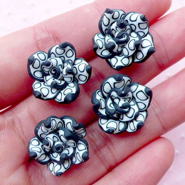 CLEARANCE Fimo Rose Flower Beads Polymer Clay Floral Cabochons (4pcs / 15mm / Black & White / Flat Back) Bracelet Necklace Earring Decoden CAB422