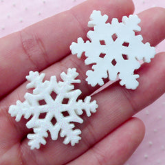 Snow Flake Cabochons Snowflake Cabochon w/ Glitter Powder (2pcs / 26mm x 30mm / White / Flat Back) Christmas Deco Winter Jewellery CAB427