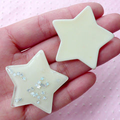 CLEARANCE Cute Star Cabochons w/ Star Sprinkles Confetti Sequin Glitter (2pcs / 41mm x 38mm / White / Flat Back) Kawaii Cell Phone Decoration CAB430