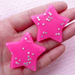 Pink Star Cabochons w/ Star Glitter Sprinkles Confetti Sequin (2pcs / 41mm x 38mm / Dark Pink / Flat Back) Kawaii Decora Kei Jewelry CAB431