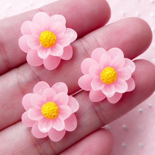 Pink Flower Cabochons (3pcs / 17mm / Pink / Flat Back) Floral Headband Earrings Hair Accessories DIY iPhone Case Cute Decoration CAB426