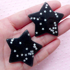 Decora Star Cabochons w/ Star Confetti Sequin Sprinkles Glitter (2pcs / 41mm x 38mm / Black / Flatback) Kawaii Deco Cellphone Decoden CAB429