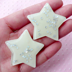 CLEARANCE Cute Star Cabochons w/ Star Sprinkles Confetti Sequin Glitter (2pcs / 41mm x 38mm / White / Flat Back) Kawaii Cell Phone Decoration CAB430