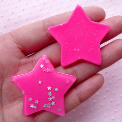 Pink Star Cabochons w/ Star Glitter Sprinkles Confetti Sequin (2pcs / 41mm x 38mm / Dark Pink / Flat Back) Kawaii Decora Kei Jewelry CAB431