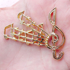 Music Metal Cabochon Music Note G-clef Treble Clef w/ Colorful Rhinestones (1 piece / 47mm x 38mm / Gold) Card Making iPhone Decoden CAB437