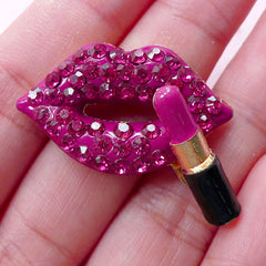 Sexy Lips and Lipstick Metal Cabochon w/ Bling Bling Rhinestones (1 piece / 36mm x 25mm / Dark Pink) Hot Makeup Kissing Embellishment CAB440