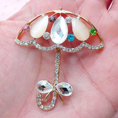 Bling Bling Umbrella Metal Cabochon w/ Colorful Rhinestones (1 piece / 43mm x 49mm / Gold) Kawaii Lolita Sweet Princess Cute Jewelry CAB441