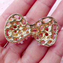 Flower Bow Metal Cabochon w/ Bling Bling Clear Rhinestones (1 piece / 41mm x 23mm / Gold & Pink) Princess Jewelry Wedding Supplies CAB442
