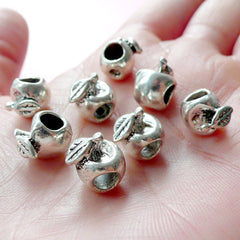 CLEARANCE 3D Apple Beads (8pcs / 9mm x 10mm / Tibetan Silver / 2 Sided) Fruit Jewelry School Teacher Bracelet Necklace Slider Large Hole Beads CHM2003