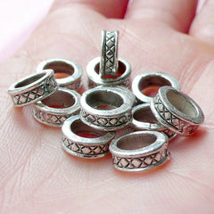 Round Ring Beads w/ Checker Pattern (12pcs / 8mm x 3mm / Tibetan Silver) Big Hole Beads Spacer European Bracelet Dreadlock Dread CHM2004