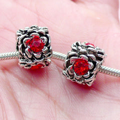 CLEARANCE Barrel Beads w/ Flower Pattern and Rhinestones (2pcs / 12mm x 9mm / Tibetan Silver & Red) Big Hole Bead European Bracelet Dread Bead CHM2011