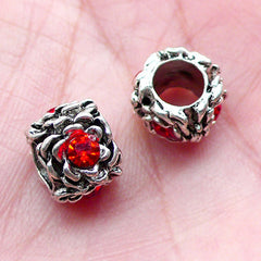 CLEARANCE Barrel Beads w/ Flower Pattern and Rhinestones (2pcs / 12mm x 9mm / Tibetan Silver & Red) Big Hole Bead European Bracelet Dread Bead CHM2011