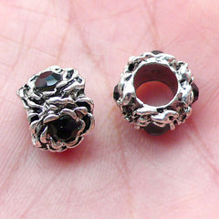 CLEARANCE Rhinestones Barrel Beads w/ Flower Pattern (2pcs / 12mm x 9mm / Tibetan Silver & Black) European Bracelet Crystal Bead Slider Bead CHM2012