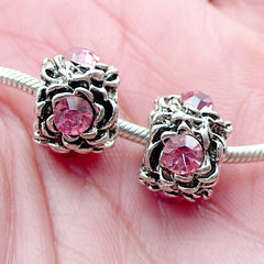 CLEARANCE Barrel Rhinestone Beads w/ Flower Pattern (2pcs / 12mm x 9mm / Tibetan Silver & Pink) Slider Bead Bracelet Focal Bead European Bead CHM2013