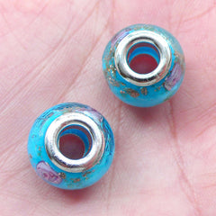Lampwork Beads w/ Flower & Gold Glitter (2pcs / 14mm x 10mm / Sky Blue) Large Hole Floral Glass Bead Bracelet Big Hole European Bead CHM2015