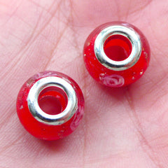 Glass Beads w/ Flower & Gold Glitter (2pcs / 14mm x 10mm / Red) Lampwork Bead Big Hole Focal Bead Slider Bead European Bracelet CHM2016