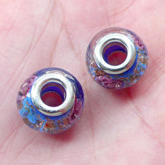 CLEARANCE Floral Glass Beads with Gold Glitter (2pcs / 14mm x 10mm / Blue) Lampwork Flower Bead Slider Bead Focal Beads European Bracelet CHM2017