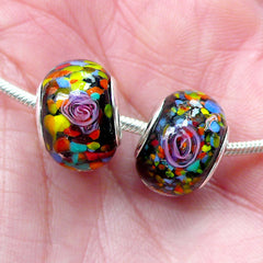 Lampwork Glass Bead w/ Flower & Colorful Spots (2pcs / 14mm x 10mm / Black) Double Core Focal Beads Floral European Bracelet DIY CHM2019