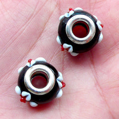 Floral Beads with 3 Flower (2pcs / 15mm x 10mm / Black and White) Silver Core Lampwork Glass Bead European Bracelet Slide Beads CHM2021