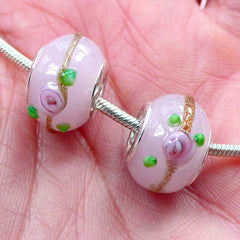 Floral Lampwork Glass Bead (2pcs / 15mm x 10mm / Pink) Flower Beads Big Hole Beads European Bead Focal Bead European Bracelet Making CHM2024