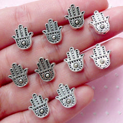 Hamsa Hand Beads (10pcs / 10mm x 11mm / Tibetan Silver / 2 Sided) Fatima Hand Small Hole Beads Religious Focal Bead Thread Bracelet CHM2006