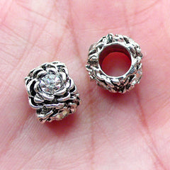 Flower Barrel Beads w/ Rhinestones (2pcs / 12mm x 9mm / Tibetan Silver & Clear) Large Hole Beads European Bracelet Dread Dreadlock CHM2010