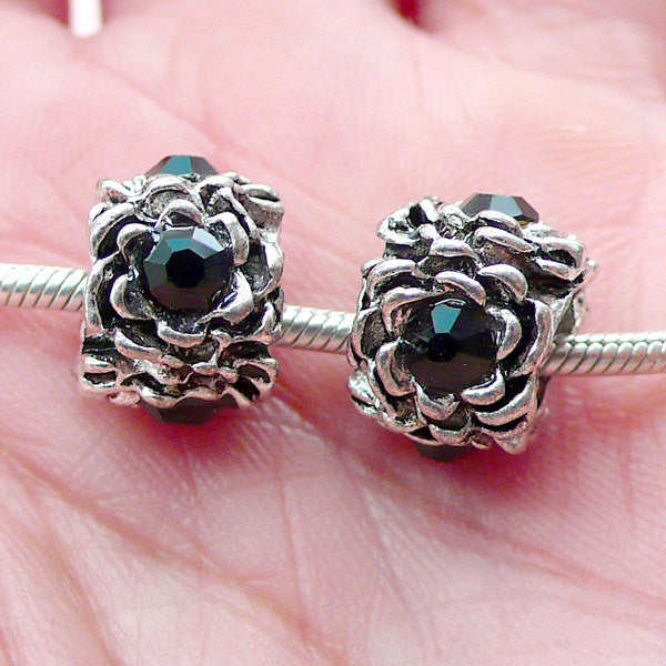 CLEARANCE Rhinestones Barrel Beads w/ Flower Pattern (2pcs / 12mm x 9mm / Tibetan Silver & Black) European Bracelet Crystal Bead Slider Bead CHM2012