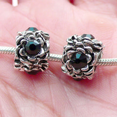 CLEARANCE Rhinestones Barrel Beads w/ Flower Pattern (2pcs / 12mm x 9mm / Tibetan Silver & Black) European Bracelet Crystal Bead Slider Bead CHM2012